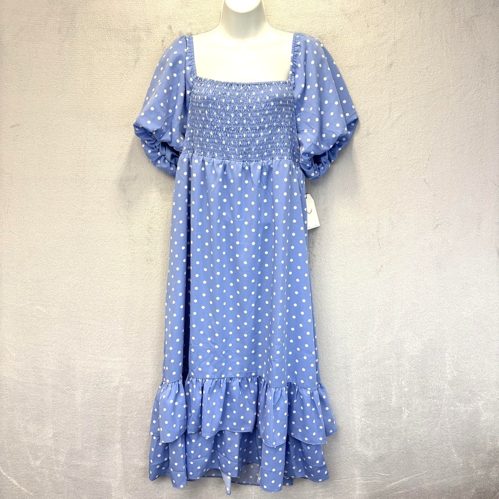 NWT Free The Roses Midi Polka Dot Sundress Large Ruffle Smocked Balloon Milkmaid